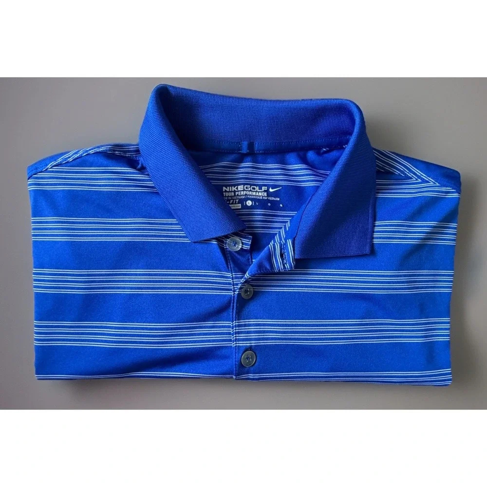 Nike Golf Tour Performance Polo Shirt Dri-Fit Swoosh Logo Blue Stripe Large JBHS